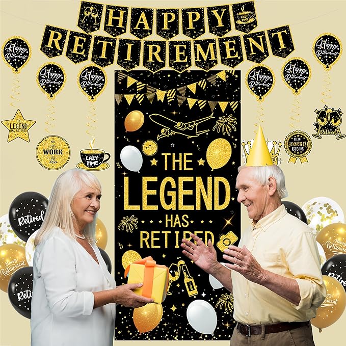 Roetyce Retirement Party Decorations for Men Women, Black Gold Happy Retirement Banner Balloons Hanging Swirls Kit, Lengend Has Retired Backdrop for Coworker, Office Retired Party Supplies