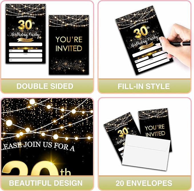 30th Birthday Invitations with Envelopes - Black Gold Glitter Fill-in Invites Cards - Surprise Birthday Party Invitation Card for Him/Her - Adults Birthday Party Favors Supplies Decorations (20 Pack)