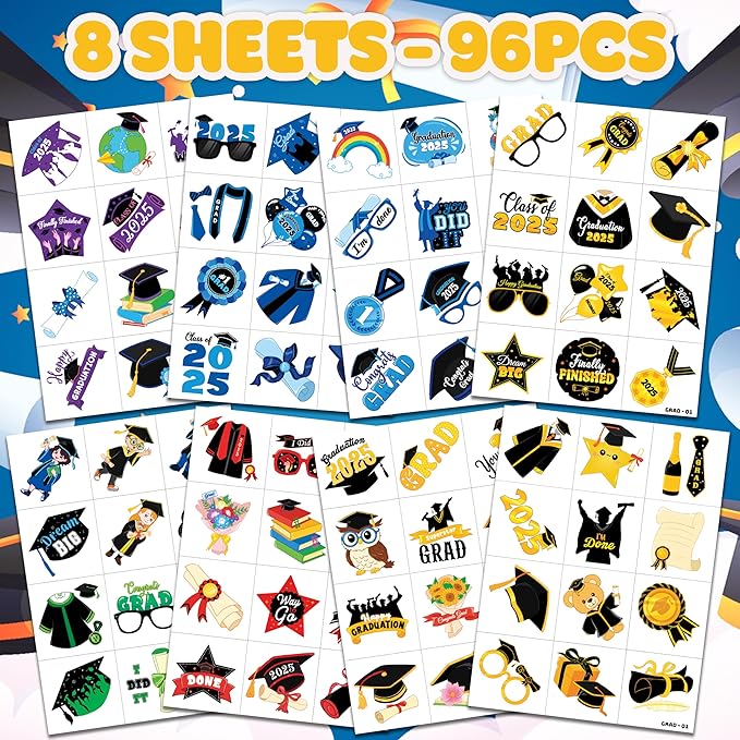 96 PCS Happy Graduation Grad Congrats Pre-Cut Temporary Tattoos for Kids | Super Cute Themed Birthday Party Favors, Supplies, Decorations, Fake Tattoo Stickers (Multiple)
