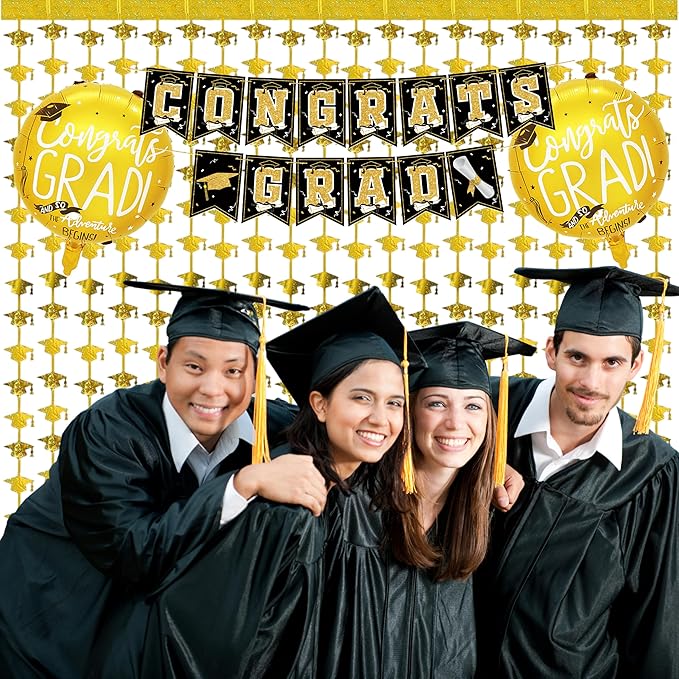 Class of 2026 Graduation Decorations Black and Gold Party Supplies Kit, Include Congrats Grad Banner, Foil Fringe Curtain,Tablecloth,Balloon Arch, Hanging Swirls for High School College