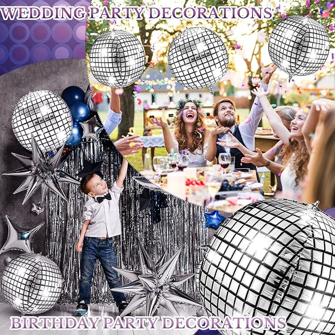 Leitee 6 Pcs 32 in Big Disco Ball Balloon 70s Disco Balloons Party Decoration Large 4d Aluminum Foil Inflatable Ball Giant Silver Metallic Mirror Decor for Baby Shower Wedding Birthday Dance Party