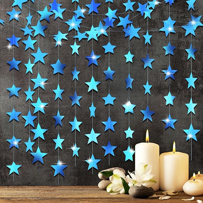 Patelai Glitter Star Garland Banner 2026 Graduation Decor 130 Feet Star Hanging Banner Twinkle Backdrop for Party Birthday Classroom Wedding Supplies(Holographic Blue)