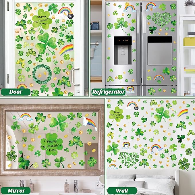 9 Sheets St Patrick's Day Window Clings, 217 PCS Green St Patricks Day Shamrock Window Stickers with Coins Rainbow, Double Sided Static Window Clings for Glass Windows St Patricks Day Decorations