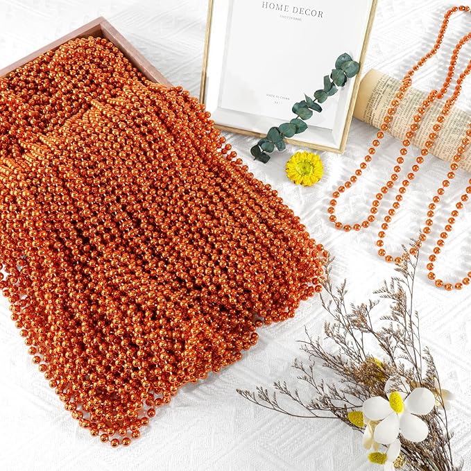 SHAOQINLIN 144 PCS Orange Bead Necklace, Orange Mardi Gras Beads, Halloween Necklaces, 33 Inch Party Beads Necklace Round Beaded Necklace for Mardi Gras, Christmas, Halloween