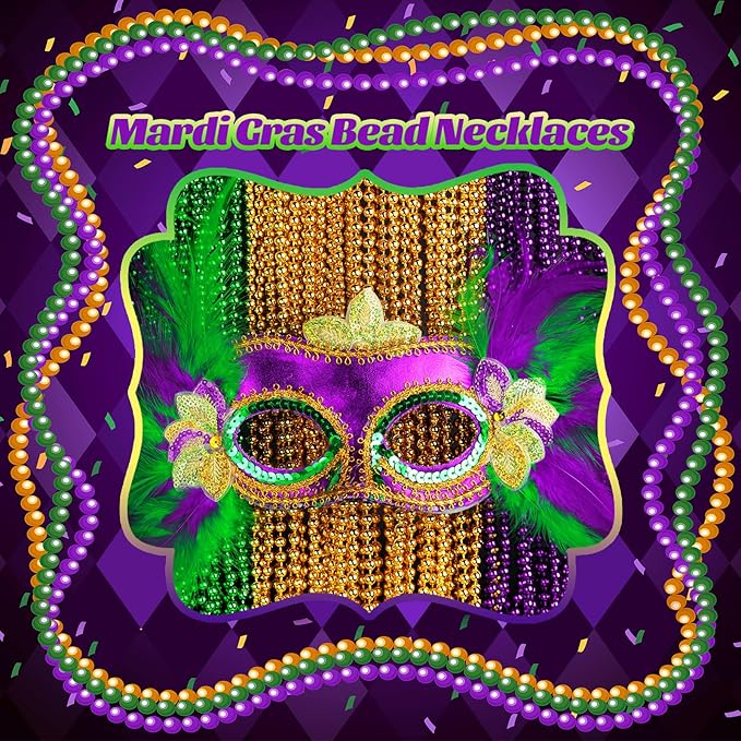 102 PCS Mardi Gras Beads, 33'' Metallic Gold Green Purple Mardi Gras Beads Necklaces Mardi Gras Necklaces Accessories Bulk Carnival Bead Necklace for Mardi Gras Parade Throws Party Decorations Favors