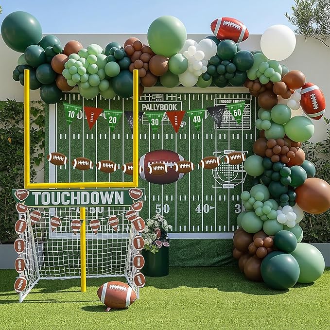 Football Party Decorations Kit 120PCS sage Green brown White Balloon Garland Arch with Football Banner Mylar Balloons for Sports Birthday Boys first year touch down party decorations