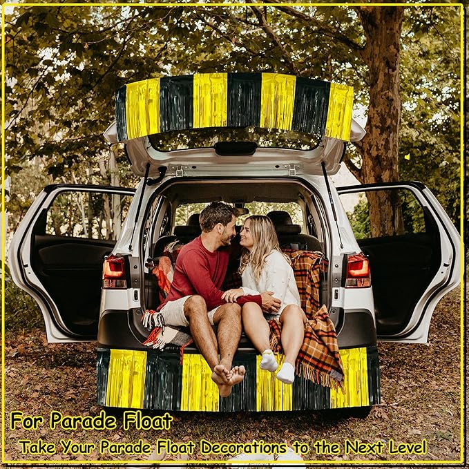 4 Packs Total 39 Feet Graduation Parade Floats for Trailer Car, Black Gold Foil Fringe Garland Tinsel Streamers Banner Table Skirts for Graduation Homecoming Wedding Birthday Party Decor