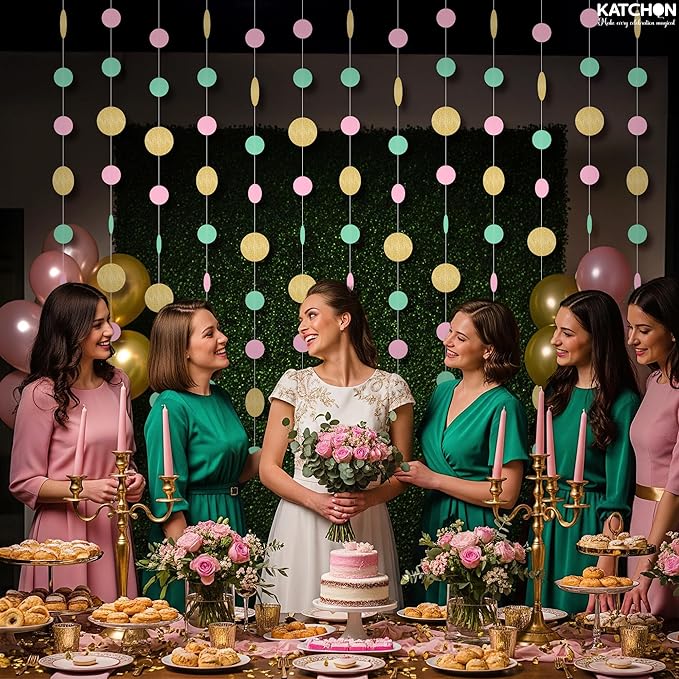 KatchOn, Circle Dots Paper Garland - 65 Feet, Pack of 5 | Colorful Birthday Garland for Pink Gold Birthday Decorations | Gold Hanging Decorations for Wedding, Baby Shower, Bridal, Classroom Decor
