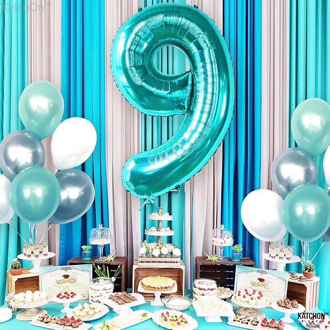 KatchOn, Giant Aqua Blue Number 9 Balloon - 40 Inch | Foil 9 Birthday Balloon for 9th Birthday Decorations | 9th Anniversary Decoration | Ocean Party Decoration