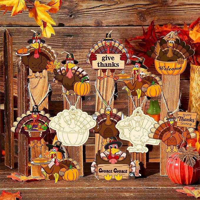 36PCS Wooden Thanksgiving Decoration Turkey Ornaments to Paint Thanksgiving Ornaments for Tree Crafts Cutouts Unfinished, DIY Blank Fall Unfinished Turkey Pumpkin Ornament for Home Harvest Hanging