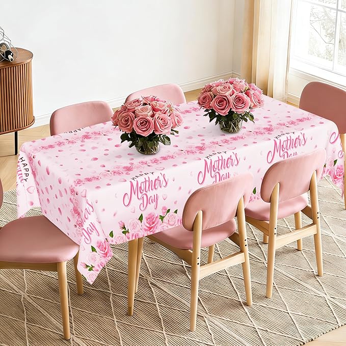 QZYL 3 Pack Mothers Day Table Cloths, 108" x 54" Mother's Day Decorations, Plastic Pink Disposable Table Decor with Roses Floral Flowers, Waterproof Rectangular Tablecloth for Best Mom Party Supplies