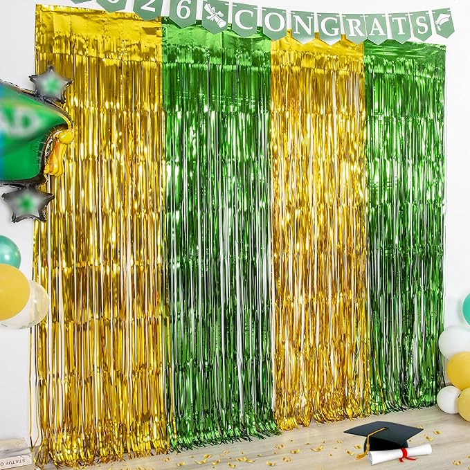 LOLStar Graduation Party Decoration, 2 Pack Green and Gold 3.3x6.6 ft Foil Fringe Curtains, Tinsel Backdrop, Graduation Photo Booth Prop Streamer Backdrop for Class of 2026, Prom and Grad Party Decor