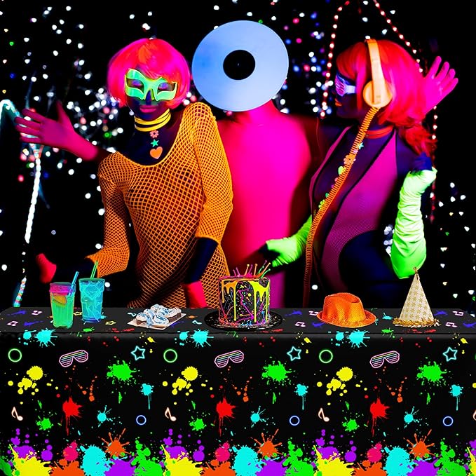 3 Pack UV Reactive Neon Glow Tablecloths 108x54 Inch - Activated Party Table Covers Decoration for Glow-in-the-Dark Events, Birthday Raves & UV Night