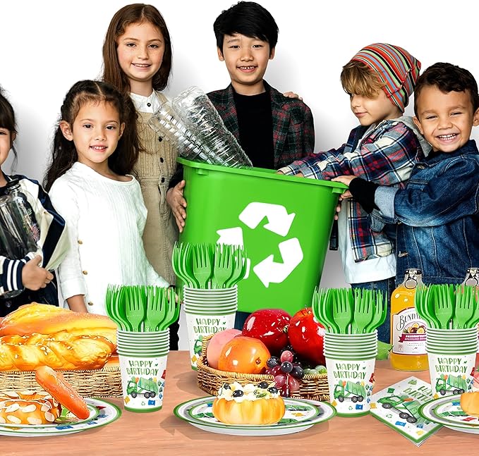120pcs Garbage Truck Birthday Party Decorations Trash Truck Plates Napkins Green Forks Disposable Tableware Set Waste Management Recycling Rubbish Truck Birthday Party Supplies Serve 24 Guests