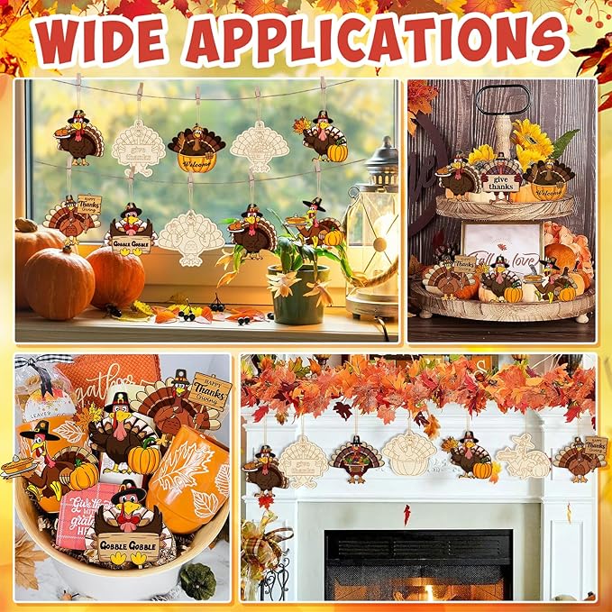 36PCS Wooden Thanksgiving Decoration Turkey Ornaments to Paint Thanksgiving Ornaments for Tree Crafts Cutouts Unfinished, DIY Blank Fall Unfinished Turkey Pumpkin Ornament for Home Harvest Hanging