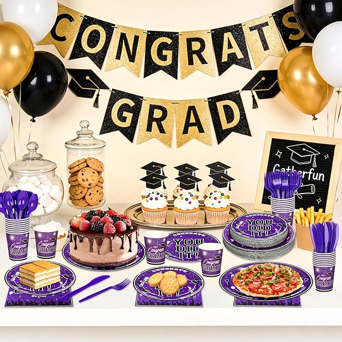 175PCS Graduation Plates and Napkins Set 2026 Graduation Party Supplies Tableware Set Include Paper Plate Napkin Cup Knife Fork Spoon for Grad Party Decor Serve25(Purple and black)