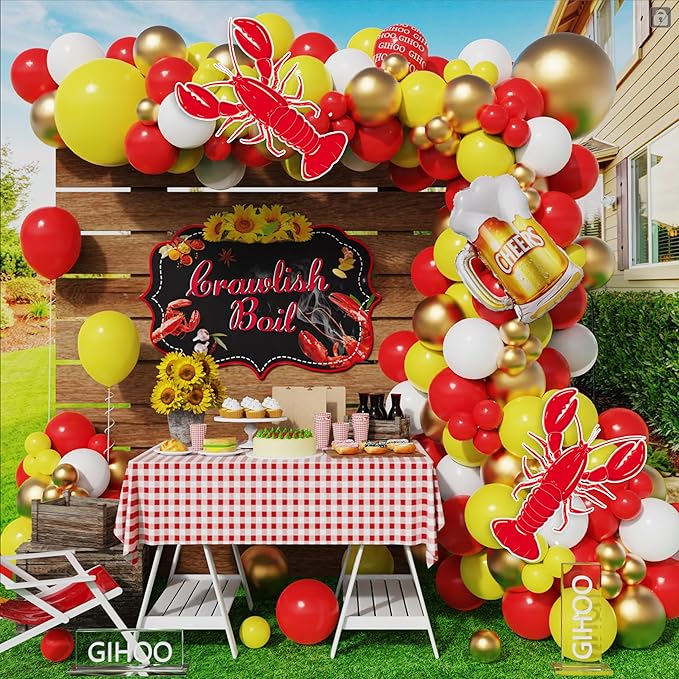 GIHOO Crawfish Boil Party Supplies 145pcs Crawfish Balloon Arch Garland Kit with Inflatable Crawfish Beer Mylar Balloons for Crawfish Boil Birthday Party Decoration