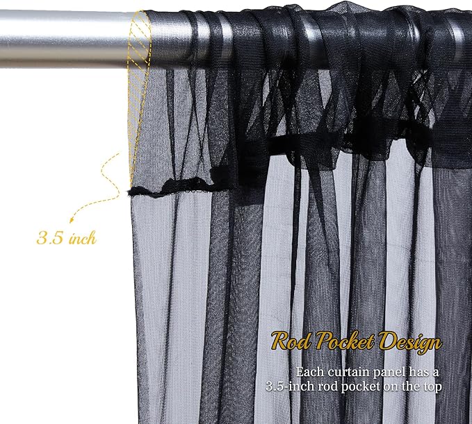 10x10ft Black Tulle Backdrop Curtain with Lights String for Parites, Sheer Photo Backdrop Curtains for Wedding Baby Shower Birthday Party Photo Shoot Decorations