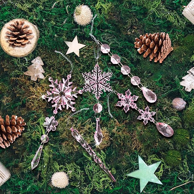 18pcs Crystal Christmas Ornaments for Christmas Tree Decorations-Light Pink Hanging Acrylic Snowflake and Icicle Ornaments with Drop Pendants for New Year Party Decorations Supplies