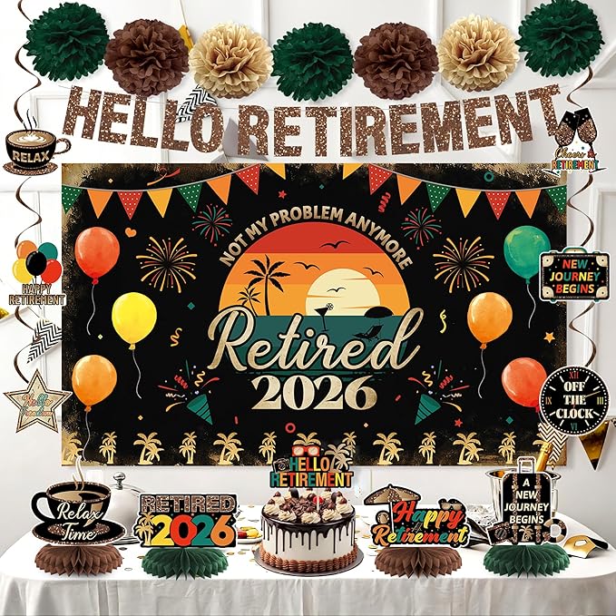 Holkcog Retirement Party Decoration, Vintage 2026 Retired Banner Background, Hello Retirement Honeycomb Centerpieces Hanging Swirls Cake Top, Office 2026 Retired Farewell Good Luck Goddbye Party Decor