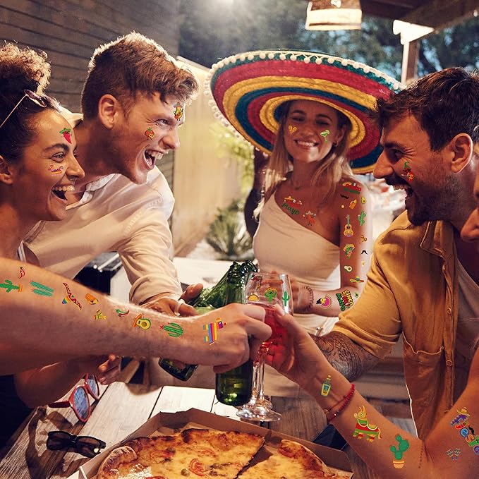 12 Sheets Fiesta Temporary Tattoos, Cinco De Mayo Stickers with Taco Pinata Cactus for Adults, Mexican Fake Tattoos for Cinco De Mayo Party Favors Supplies Accessories