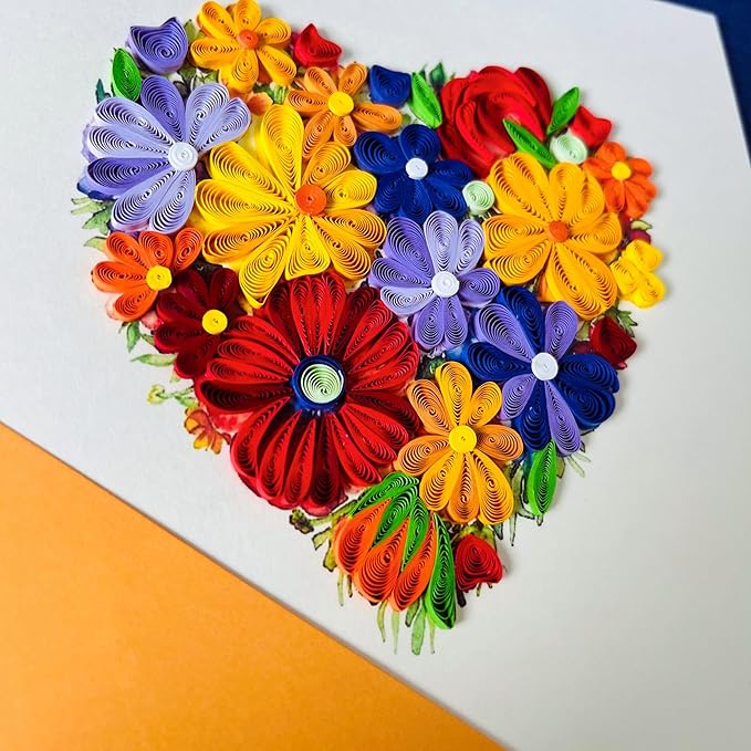Quilling Cards, handmade card, quilled cards with Handmade Art for all occasions: quilling birthday card for women, Birthday card, mother... colorful heart design (Colorful flowers)