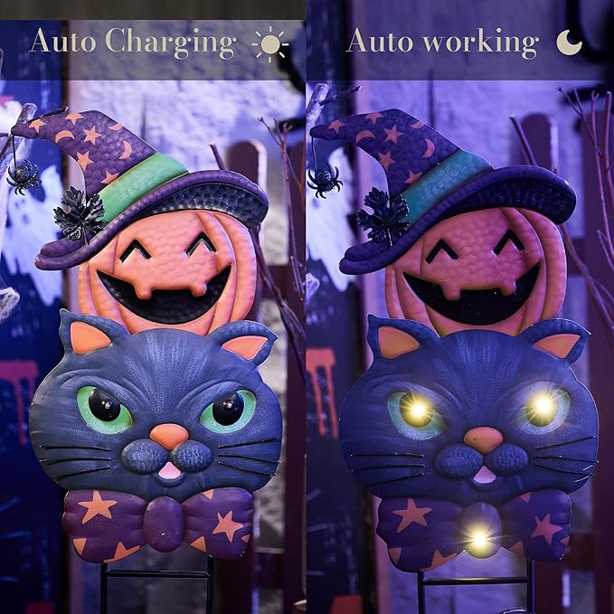 TERESA'S COLLECTIONS Metal Halloween Yard Stakes, Halloween Decorations Outdoor with Cute Black Cat Pumpkin, Jack-o-Lantern Stacked Garden Stakes Lawn Gift for Party Pathway Porch Patio Decor, 25“
