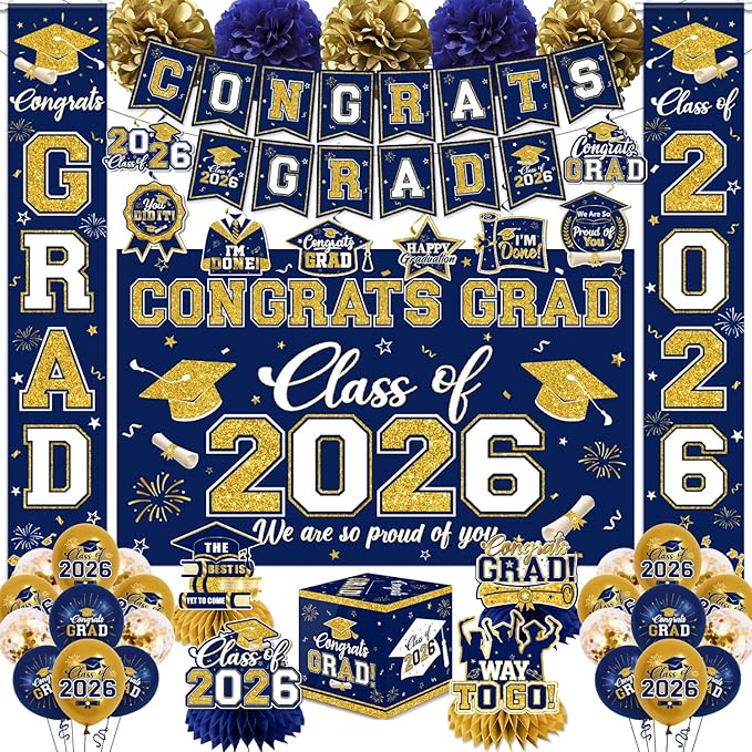 Navy Blue and Gold Graduation Decorations 2026 Set, All-in-1 Kit with Congrats Grad Banner Class of 2026 Backdrop Porch Sign Balloons Centerpieces Card Box Pom Poms Streamers for College High School
