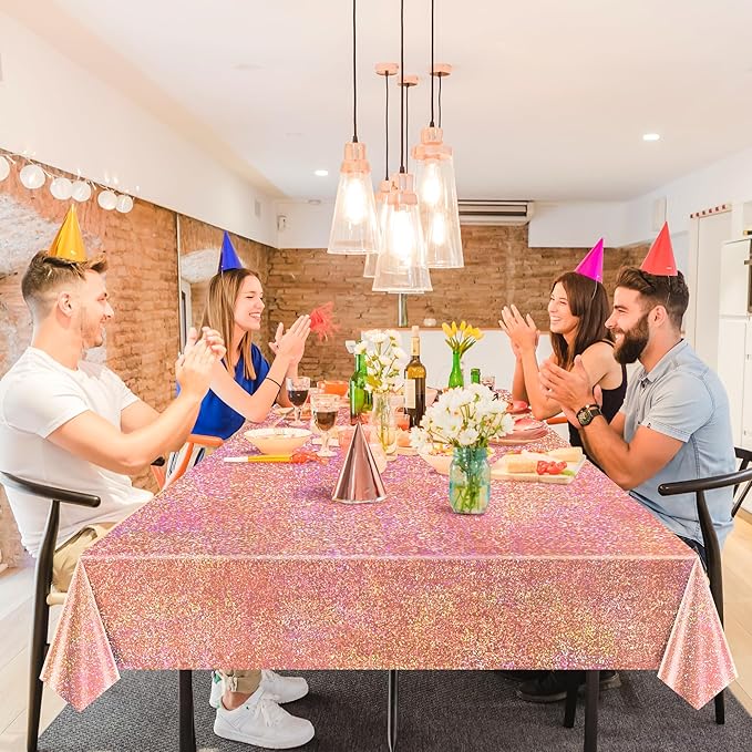 4 pcs Rose Gold Holographic Table Cloth 40" x 108" Shiny Bachelorette Party Decorations Plastic Laser Sparkly Tablecloth Glitter Table Decor for Wedding Anniversary Event Birthday Party Supplies