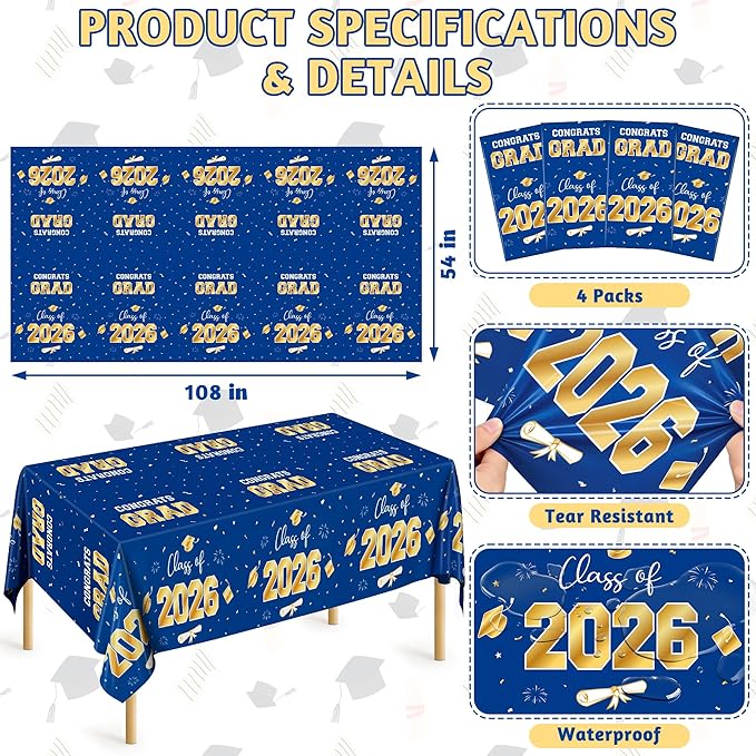 QZYL 4 Pack Graduation Decorations 2026, 54" x 108" Blue and Gold Disposable Graduation Table Cloths, Grad Party Decorations for Class of 2026, Rectangle Plastic Tablecloth for College Congrats Grad
