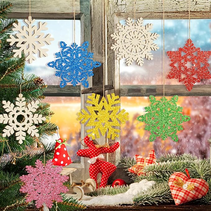 36PCS Wooden Christmas Decoration Snowflake Ornaments to Paint Christmas Ornaments for Tree Crafts Cutouts Unfinished, DIY Blank Fall Unfinished Snowflakes Ornament for Home Hanging