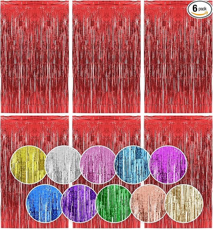 Homiest 6 Pack Red Tinsel Backdrop, 3.3x6.6 FT Metallic Tinsel Foil Fringe Curtains Party Decorations, Birthday Door Streamers for Baby Shower Wedding, Photo Booth Props Background Wall Decor