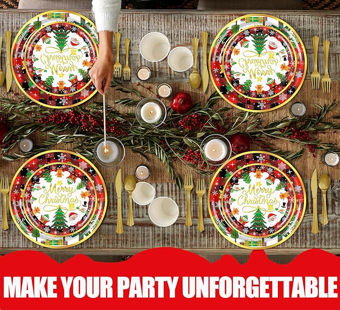 Christmas Party Decorations Supplies - 175 PCS Merry Christmas Red Plaid Disposable Dinnerware Set Xmas Paper Plates and Napkins Sets with Cups Fork Spoon for Holiday Party Supplies, Serve 25