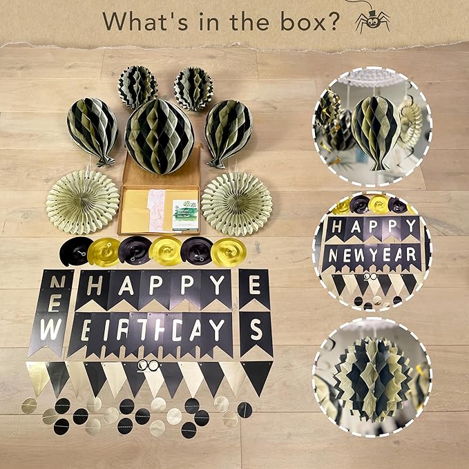 Premium Reusable Birthday Decorations - Multi-occasion Happy Birthday Banner also spells Party Day + more, Fast Assembly with Velcro - Black and Gold Party Decorations for Men and Women