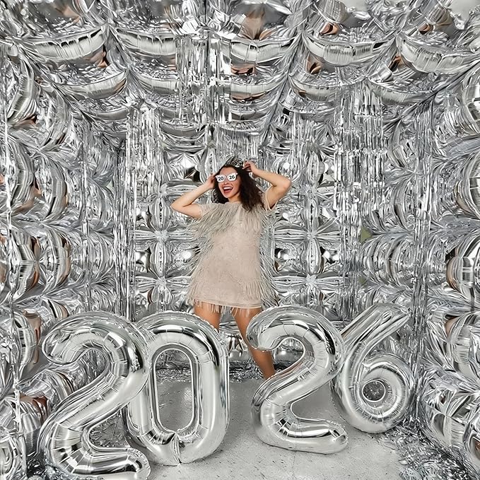 Silver Square Foil Balloons Wall, Double Sided Chrome Silver Balloons Tunnel Arch Kit Backdrop for Birthday Graduation New Year Baby Shower Wedding Holiday Theme Party Decoration