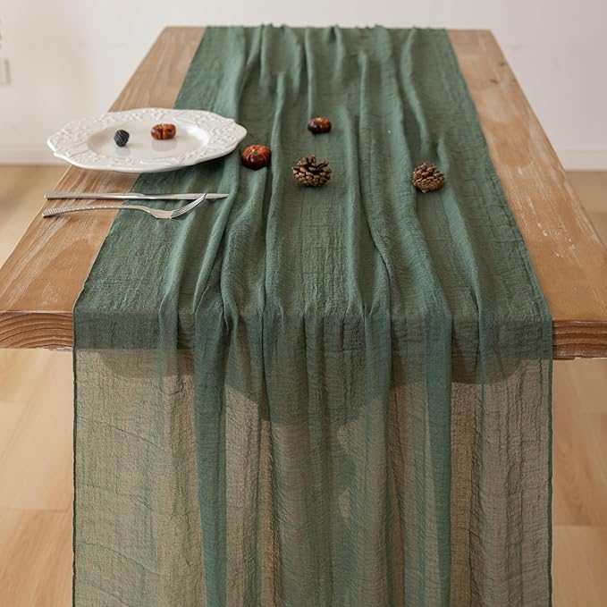 Keketoarrange 6Pcs Forest Green Gauze Rustic Cheesecloth Table Runner 120 Inch 10 FT for Wedding Baby Shower Bridal Shower Birthday Engagement Garden Outdoor Party Long Sheer Boho Decorations