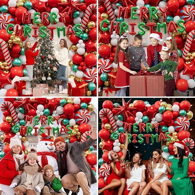 AobkDeco 143 Pcs Christmas Balloon Garland Arch Kit-Merry Christmas Banner and Red White Gold Metallic Green Cane Balloons Candy Foil Balloons Gift Box Balloons for Xmas Party Decorations
