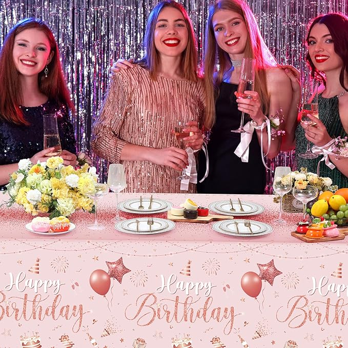 Tudomro 3 Pcs Happy Birthday Tablecloths Happy Birthday Party Decorations Plastic Table Cover Rectangular Cloths for Women Men Baby Shower Party Supplies, 108 x 54 Inch (Pink Rose Gold)