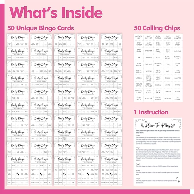 Baby Shower Bingo Game, 50 Bingo Cards Perforated Calling Cards Bingo Games for Baby Shower, Bridal Wedding Shower (White)