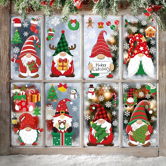 79 PCS Christmas Window Clings, Christmas Decorations, 9 Sheets Snowflake Xmas Window Decals Stickers for Glass, Cute Elf Decals for Ugly Sweater Party Decor Accessories Photo Booth Props
