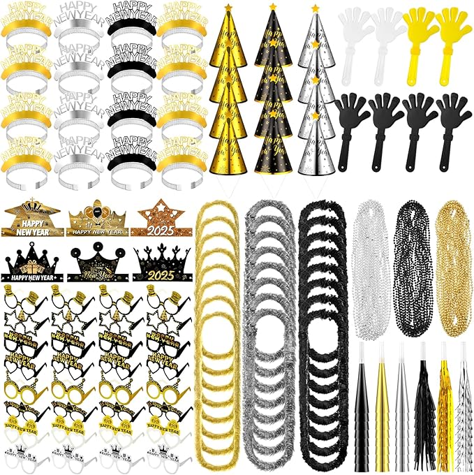 288 Pieces 2026 New Years Eve Party Supplies Include New Year Crown Glasses Headband Noisemakers Cone Hats Necklaces Hand Clapper Leis 2026 New Year Decorations Kit Party Supplies