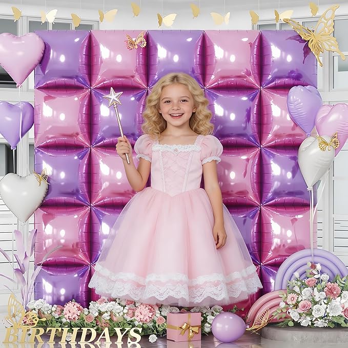Pink and Purple Square Foil Balloons Wall, 25PCS Double Sided Pastel Pink Metallic Purple Balloons Backdrop Tunnel Flat Background Decorations for Girls Women Butterfly Theme Birthdays Baby Shower