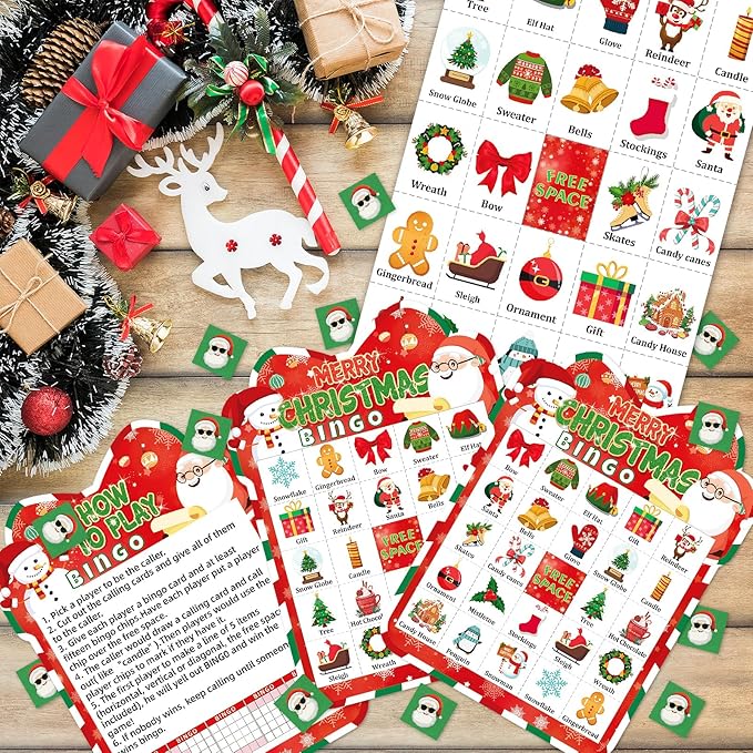 Christmas Bingo Cards Game Set - Xmas Festive Holiday Party Supplies for Kids and Adults, 24 Players, Merry Christmas Themed Bingo Cards for School Classroom, Family Activities, Seasonal Party Favors