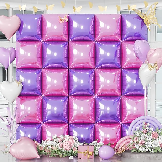 Pink and Purple Square Foil Balloons Wall, 25PCS Double Sided Pastel Pink Metallic Purple Balloons Backdrop Tunnel Flat Background Decorations for Girls Women Butterfly Theme Birthdays Baby Shower