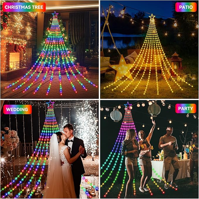 Christmas Decoration RGB String Lights, Outdoor Color Changing Christmas Lights 320 LED 16.4 Ft Star Tree Topper Fairy String Light with 8 Light Modes for Xmas New Year Holiday Garden Yard