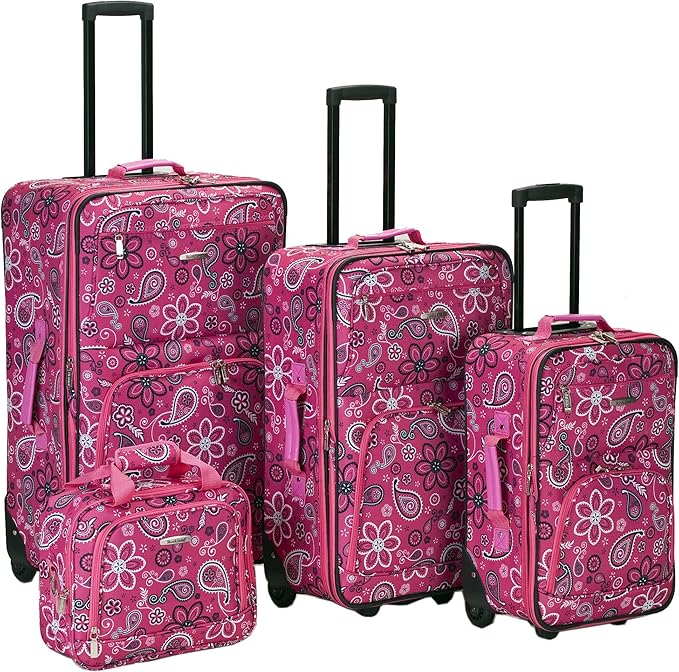 Rockland Fashion Softside 4 Piece Luggage Set, Expandable, (14" Tote/19"/24"/28"), Pink Bandana