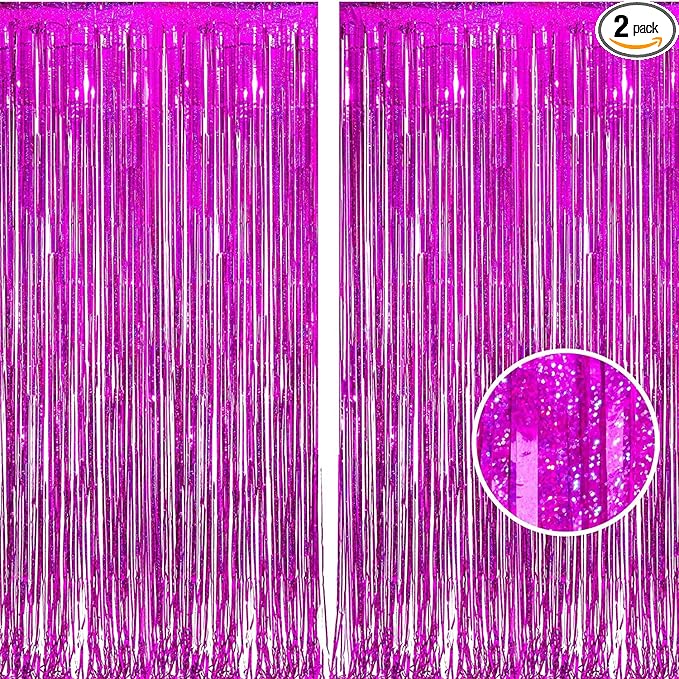 BRAVESHINE Hot Pink Tinsel Foil Fringe Curtains - 2Pcs 3.2x8.2ft Metallic Party Streamers Backdrop for Valentines Girl Birthdays Bridal Shower Bachelorette Engagement Hawaiian Luau Party Decorations