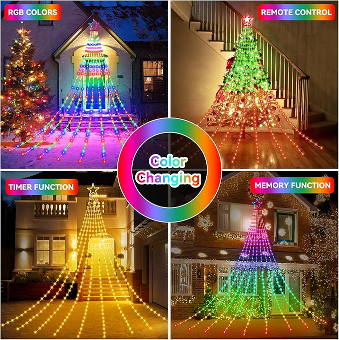 Christmas Decoration Lights, Outdoor Christmas String Lights 320 LED 11.5 Ft Waterfall Tree Light with Big Star Topper 8 Light Modes for Xmas New Year Holiday Garden Yard Indoor Outdoor Decor