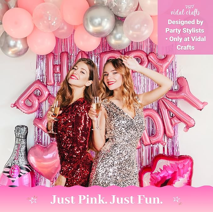 Vidal Crafts Pink Birthday Decorations – 71-Piece Happy Birthday Decorations with Latex, Foil & Confetti Balloons, Happy Birthday Banner & Foil Fringe Curtains for Fun Birthday Parties