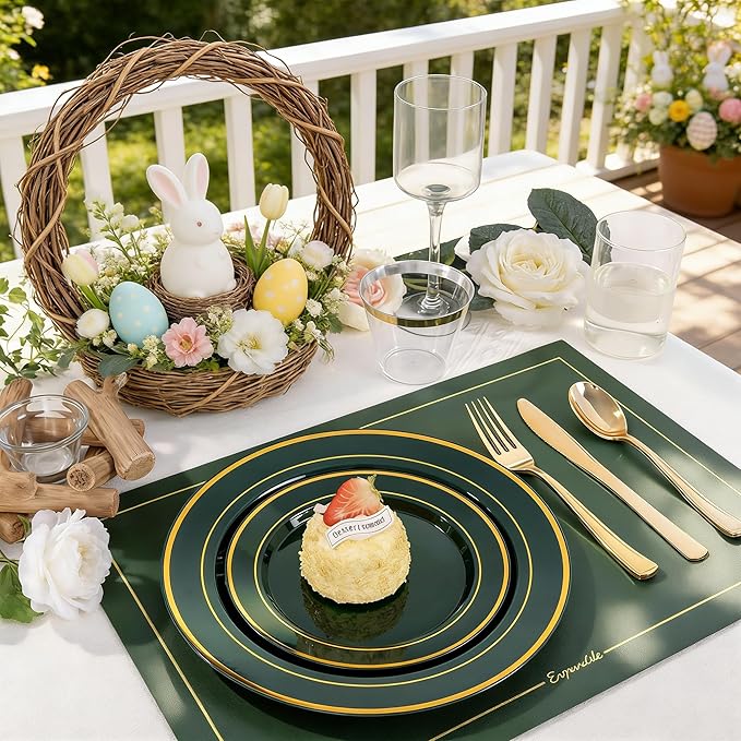 350PCS Green and Gold Plates - Green Plastic Plates 50Guests Plastic Plate with Rolled Napkins for Party/Birthday/St. Patrick's Day/Easter